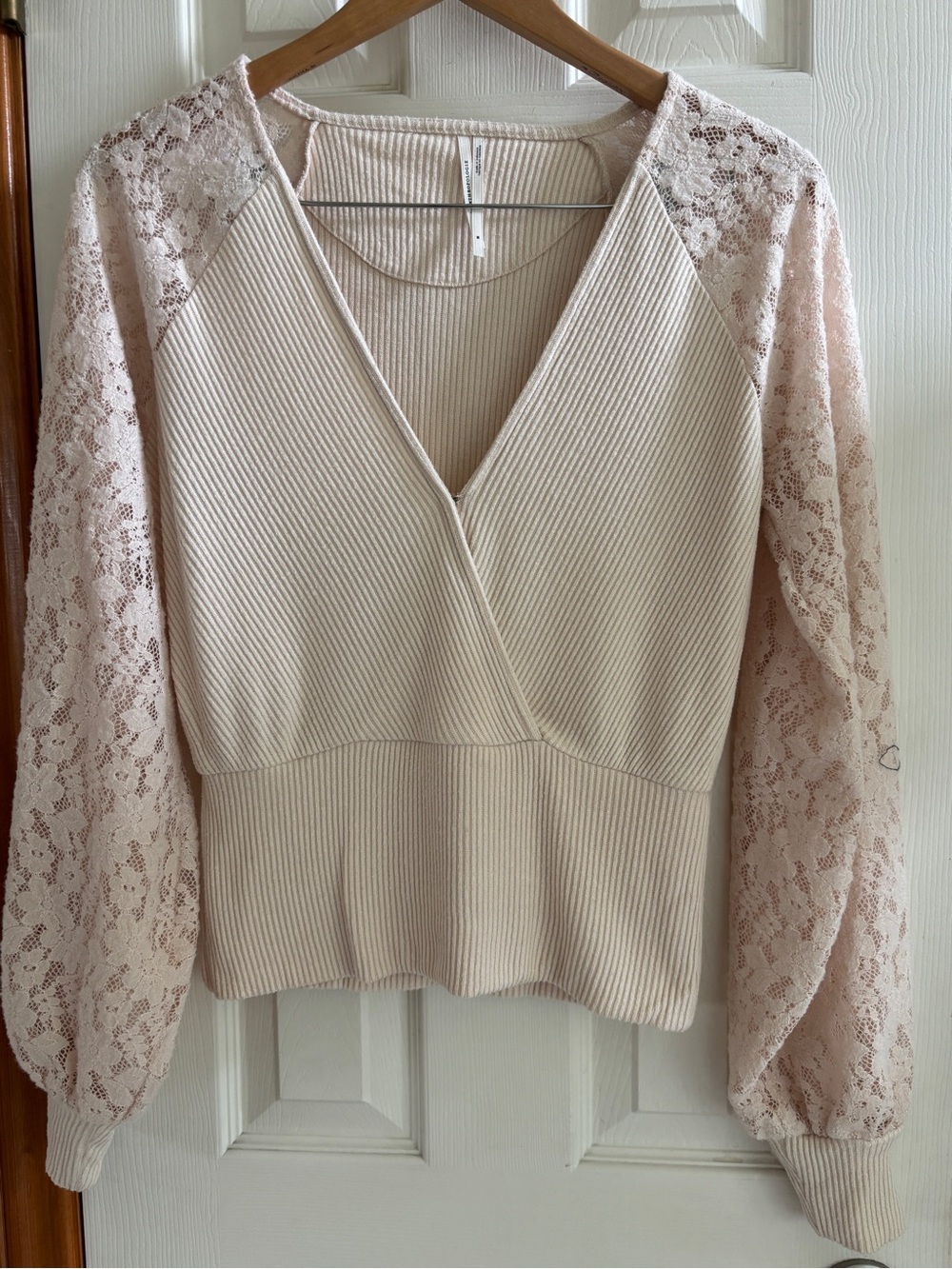 Anthropologie Cream Ribbed V-Neck Top with Lace Sleeves